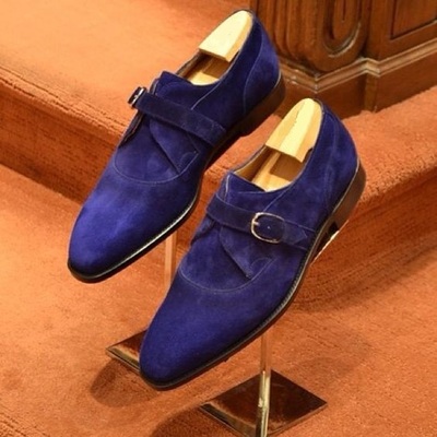 Handmade men's blue color suede leather shoes, single monk strap dress formal shoes