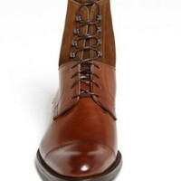 Ankle High Brown Leather and Suede Casual Lace Up Boot, Men Cap Toe boot - Thumbnail 1