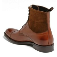 Ankle High Brown Leather and Suede Casual Lace Up Boot, Men Cap Toe boot - Thumbnail 2