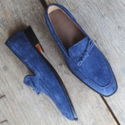 Handmade blue suede loafer slipper dress men's fashion moccasin shoes