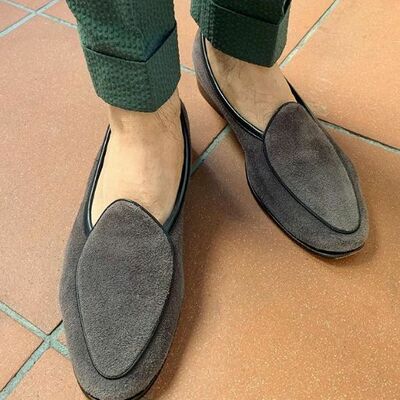 Handmade men's loafer shoes, men's gray suede loafer slip on shoes - Thumbnail 1