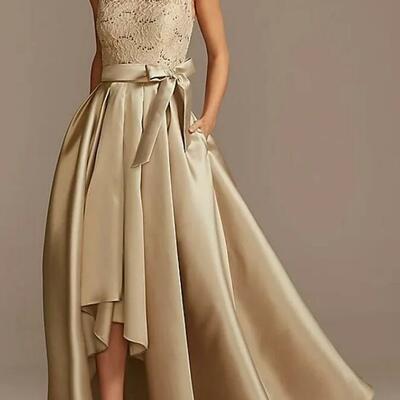 High low champagne mother of the bride /groom dress bow plus size elegant vintage top lace ankle length satin groom party gown