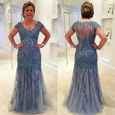 Lace Applique Beading Long Mother of the Bride/ Groom Dress Short Sleeves Sheer Back Formal Evening Gown