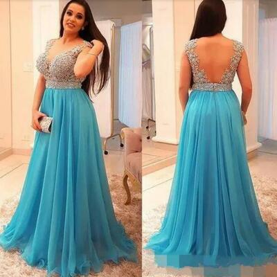 Stunning beaded chiffon plus size mother of the bride/ groom dresses deep v neck backless prom dresses long formal wedding guest dress