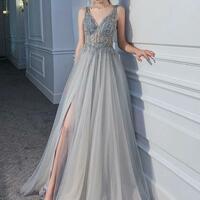 Sliver A Line Mother Of The Bride/Groom Dresses side split With Long Wraps Lace Appliques Beads V Neck Pleats Evening Prom Gowns Backless - Thumbnail 1