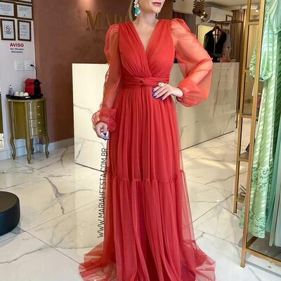 Simple red sheer long sleeve prom dress formal gown party dress 