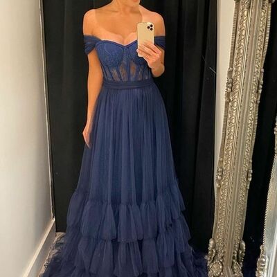 Simple royal blue lace v neck prom dress formal gown party dress 