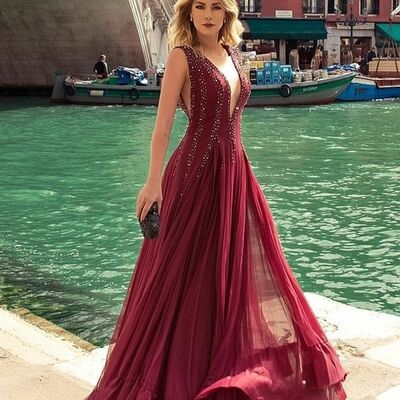Wine red burgundy v neck beading crystals prom dress formal gown party dress 