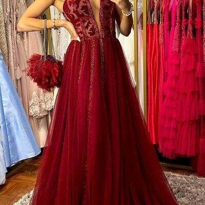 Wine red burgundy v neck lace prom dress formal gown party dress 