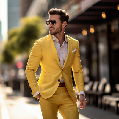 Yellow men's suit 2 piece set blazers pants classic business gentleman formal groom wedding occasion