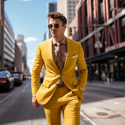 New Yellow Men's Suit 2 Piece Set Blazers Pants Classic Business Gentleman Formal Groom For Wedding  