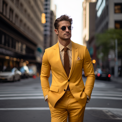 Yellow men's suit 2 piece set blazers pants classic business gentleman groom wedding formal occasion