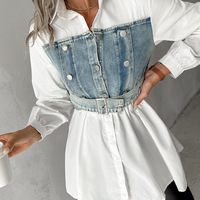 Women'S Denim Patchwork Shirt Top - Thumbnail 1