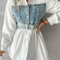 Women'S Denim Patchwork Shirt Top - Thumbnail 2