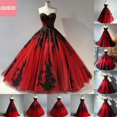 Red and Black Lace Applique Tulle Sweetheart Strapless Ball Gown Floor Length Evening Formal Party Prom Dress Hand Made W11-2