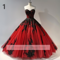 Red and Black Lace Applique Tulle Sweetheart Strapless Ball Gown Floor Length Evening Formal Party Prom Dress Hand Made W11-2 - Thumbnail 2