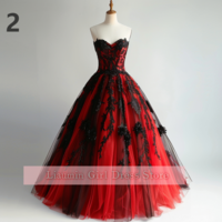 Red and Black Lace Applique Tulle Sweetheart Strapless Ball Gown Floor Length Evening Formal Party Prom Dress Hand Made W11-2 - Thumbnail 3