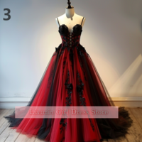 Red and Black Lace Applique Tulle Sweetheart Strapless Ball Gown Floor Length Evening Formal Party Prom Dress Hand Made W11-2 - Thumbnail 4