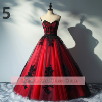 Red and Black Lace Applique Tulle Sweetheart Strapless Ball Gown Floor Length Evening Formal Party Prom Dress Hand Made W11-2 - Thumbnail 6