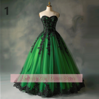 New Green and Black Lace Applique Tulle Strapless Ball Gown Floor Length Evening Formal Party Prom Dress Hand Made Custom W11-4 - Thumbnail 2