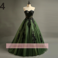 Green and Black Lace Applique Tulle Strapless Ball Gown Full Length Evening Formal Party Prom Dress Hand Made Custom Size W11-5 - Thumbnail 4