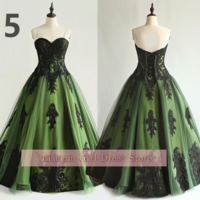 Green and Black Lace Applique Tulle Strapless Ball Gown Full Length Evening Formal Party Prom Dress Hand Made Custom Size W11-5 - Thumbnail 5