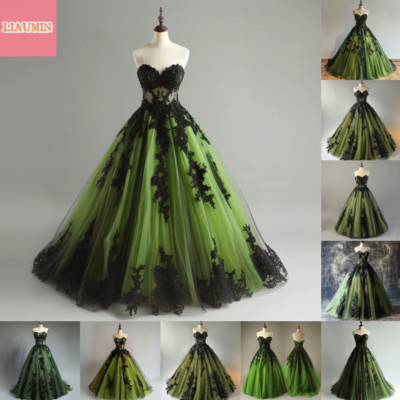 Green and black lace applique sweetheart strapless ball gown full length evening formal party prom dress hand made custom w11-6 - Thumbnail 3