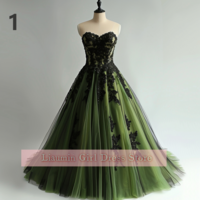 Green and Black Lace Applique Sweetheart Strapless Ball Gown Full Length Evening Formal Party Prom Dress Hand Made Custom W11-6 - Thumbnail 3