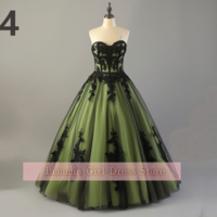 Green and Black Lace Applique Sweetheart Strapless Ball Gown Full Length Evening Formal Party Prom Dress Hand Made Custom W11-6 - Thumbnail 4