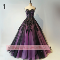 Fashion Purple and Black Lace Applique Sweetheart Strapless Ball Gown Full Length Evening Formal Party Prom Dress Custom W11-7 - Thumbnail 2