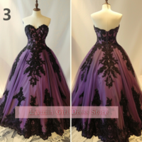 Fashion Purple and Black Lace Applique Sweetheart Strapless Ball Gown Full Length Evening Formal Party Prom Dress Custom W11-7 - Thumbnail 4
