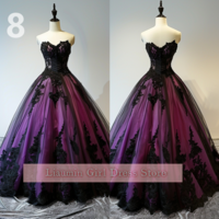 Fashion Purple and Black Lace Applique Sweetheart Strapless Ball Gown Full Length Evening Formal Party Prom Dress Custom W11-7 - Thumbnail 9