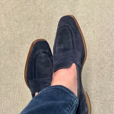 Navy blue color handmade formal moccasin dress shoes