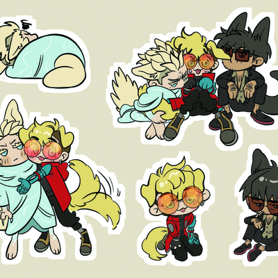 [in stock] knives vash wolfwood trigun stampede hybrids 5"x7" vinyl sticker sheet