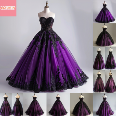 Purple and black lace applique sweetheart strapless ball gown full length evening formal occasion party prom dress custom w11-8 - Thumbnail 3