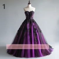 Purple and Black Lace Applique Sweetheart Strapless Ball Gown Full Length Evening Formal Occasion Party Prom Dress Custom W11-8 - Thumbnail 2