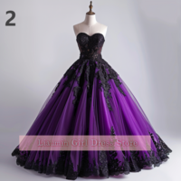 Purple and Black Lace Applique Sweetheart Strapless Ball Gown Full Length Evening Formal Occasion Party Prom Dress Custom W11-8 - Thumbnail 3