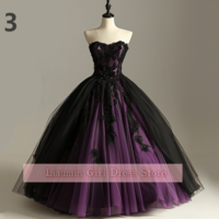 Purple and Black Lace Applique Sweetheart Strapless Ball Gown Full Length Evening Formal Occasion Party Prom Dress Custom W11-8 - Thumbnail 4