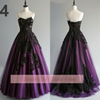 Purple and Black Lace Applique Sweetheart Strapless Ball Gown Full Length Evening Formal Occasion Party Prom Dress Custom W11-8 - Thumbnail 5