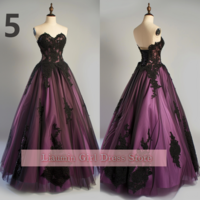 Purple and Black Lace Applique Sweetheart Strapless Ball Gown Full Length Evening Formal Occasion Party Prom Dress Custom W11-8 - Thumbnail 6