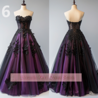 Purple and Black Lace Applique Sweetheart Strapless Ball Gown Full Length Evening Formal Occasion Party Prom Dress Custom W11-8 - Thumbnail 8