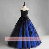 Blue and Black Lace Applique Strapless Ball Gown Floor Length Evening Formal Occasion Party Prom Dress Custom Size Color W11-9 - Thumbnail 2