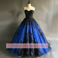 Blue and Black Lace Applique Strapless Ball Gown Floor Length Evening Formal Occasion Party Prom Dress Custom Size Color W11-9 - Thumbnail 3