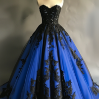 Blue and Black Lace Applique Strapless Ball Gown Floor Length Evening Formal Occasion Party Prom Dress Custom Size Color W11-9 - Thumbnail 4