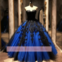 Blue and Black Lace Applique Strapless Ball Gown Floor Length Evening Formal Occasion Party Prom Dress Custom Size Color W11-9 - Thumbnail 5
