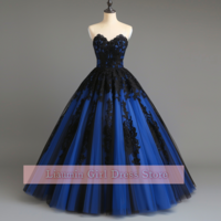 Blue and Black Lace Applique Strapless Ball Gown Floor Length Evening Formal Occasion Party Prom Dress Custom Size Color W11-9 - Thumbnail 6