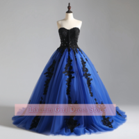 Blue and Black Lace Applique Strapless Ball Gown Floor Length Evening Formal Occasion Party Prom Dress Custom Size Color W11-9 - Thumbnail 7