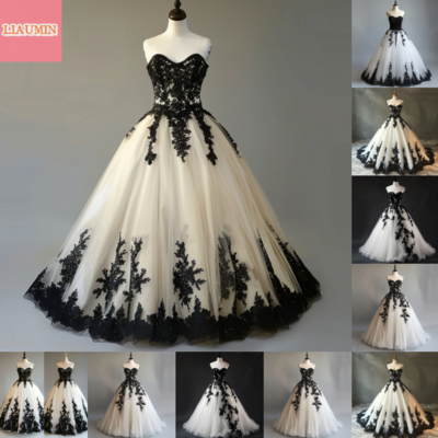 White Tulle and Black Applique Ball Gown Full Length Lace Up Back Evening Dress Formal Occasion Elagant Clohing Custom W11-10
