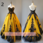 Yellow and Black Lace Applique Strapless Ball Gown Floor Length Evening Formal Occasion Party Prom Dress Custom Size W11-11-3