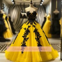 Yellow and Black Lace Applique Strapless Ball Gown Floor Length Evening Formal Occasion Party Prom Dress Custom Size W11-11 - Thumbnail 4